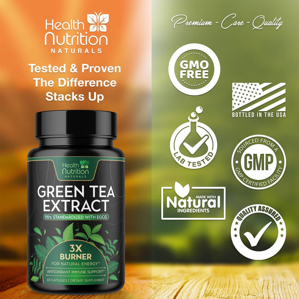 Green Tea Pills Extract - 98% Standardized EGCG 1300Mg for Natural Energy - Supports Heart Health with Antioxidants, Polyphenols, Coffee Bean Gentle Caffeine - for Women & Men - 60 Capsules