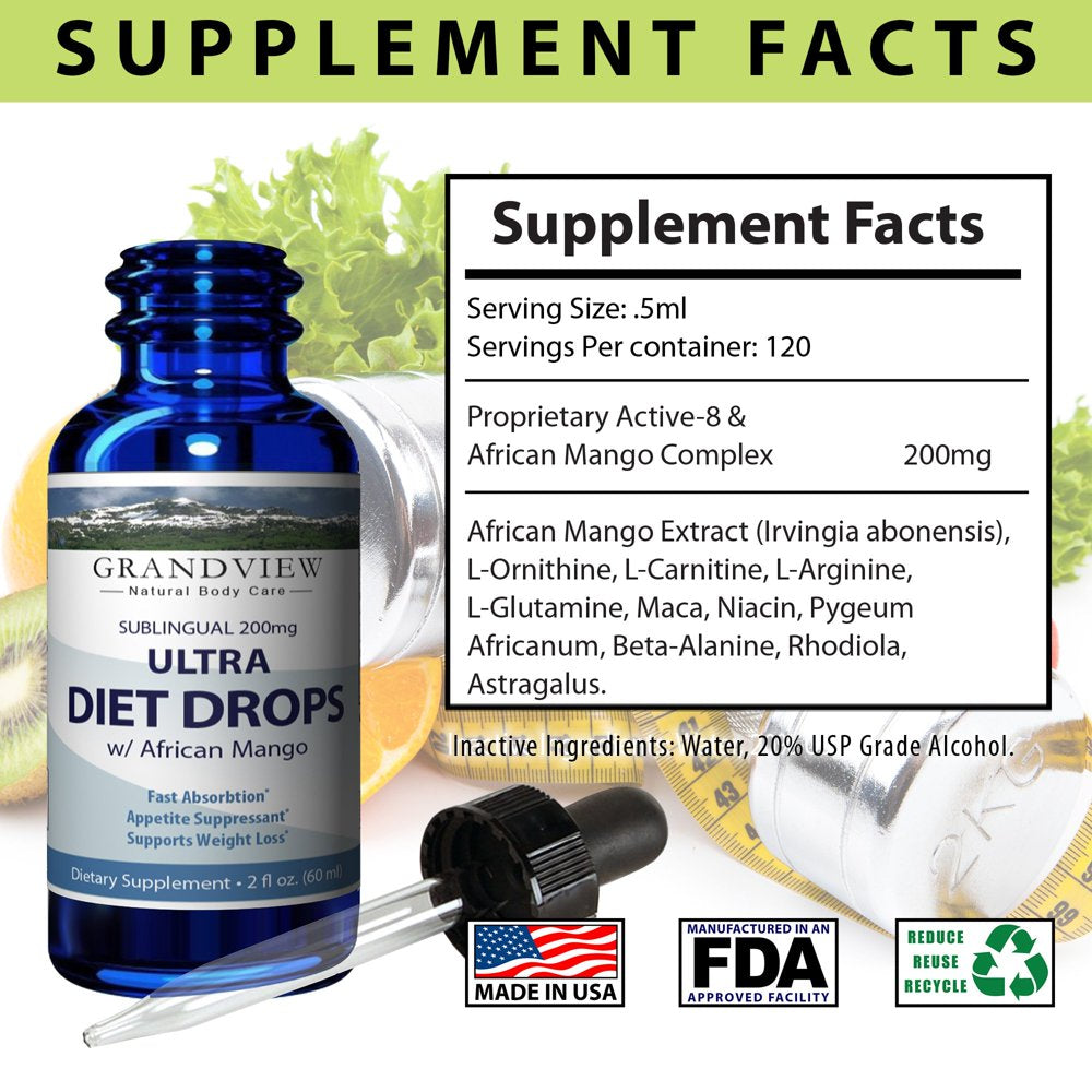 Ultra Diet Drops W/ African Mango - 2 Fl. Oz. - Suppresses Appetite Weight Loss Increases Leptin Levels Supports Heart Health Ultra Diet Drops W/ African Mango Weightloss