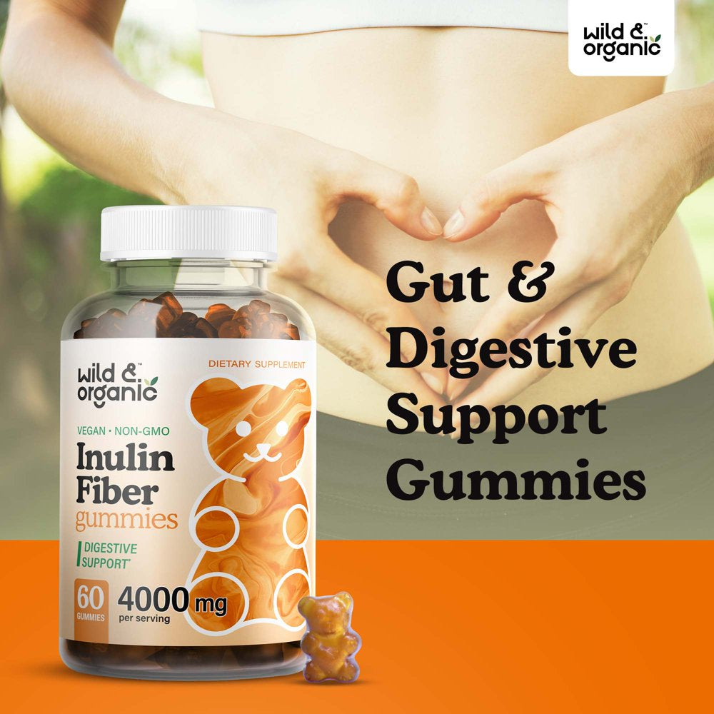 Wild & Organic Inulin Fiber Gummies - Natural Prebiotic Gummies for Digestive Health, 60 Chews