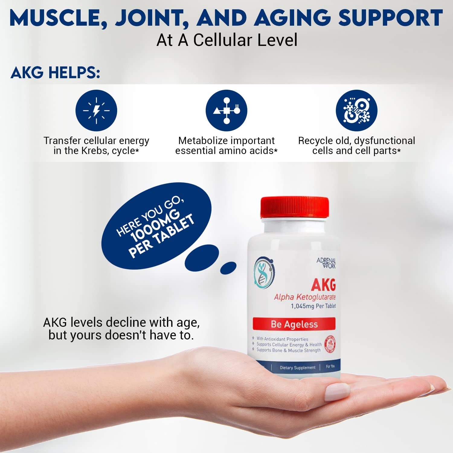 Adrenalwork - AKG (Alpha Ketoglutarate) and L Arginine Supplement - 1,000 Mg per Tablet, 90 Day Supply - Cellular Detox to Support Healthy Aging : Stronger Bones, Less Grey Hair, Better Gut Health*