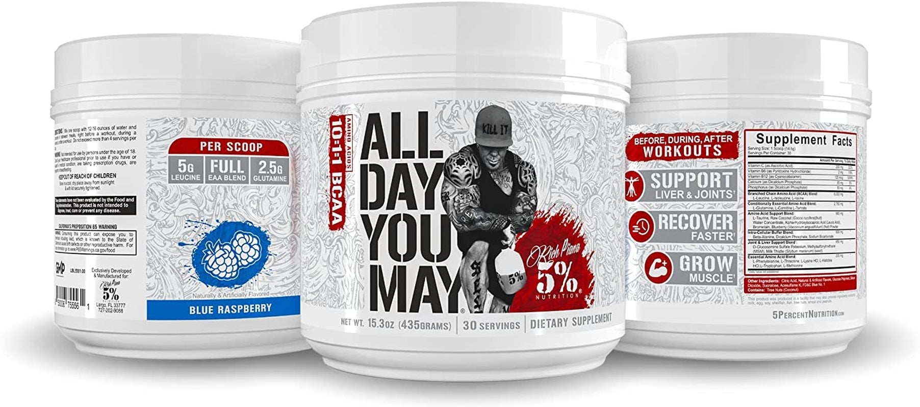 5% Nutrition Rich Piana Bundle | Alldayyoumay BCAA Powder + Kill It Reloaded High-Stim Pre-Workout (Blue Raspberry)