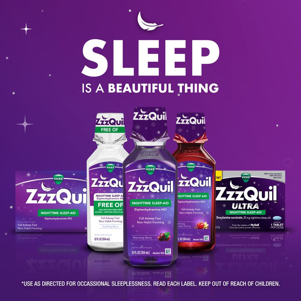 Vicks Zzzquil Nighttime Sleep Support Liquid, Over-The-Counter Medicine, Alcohol-Free, Berry,12Fl Oz