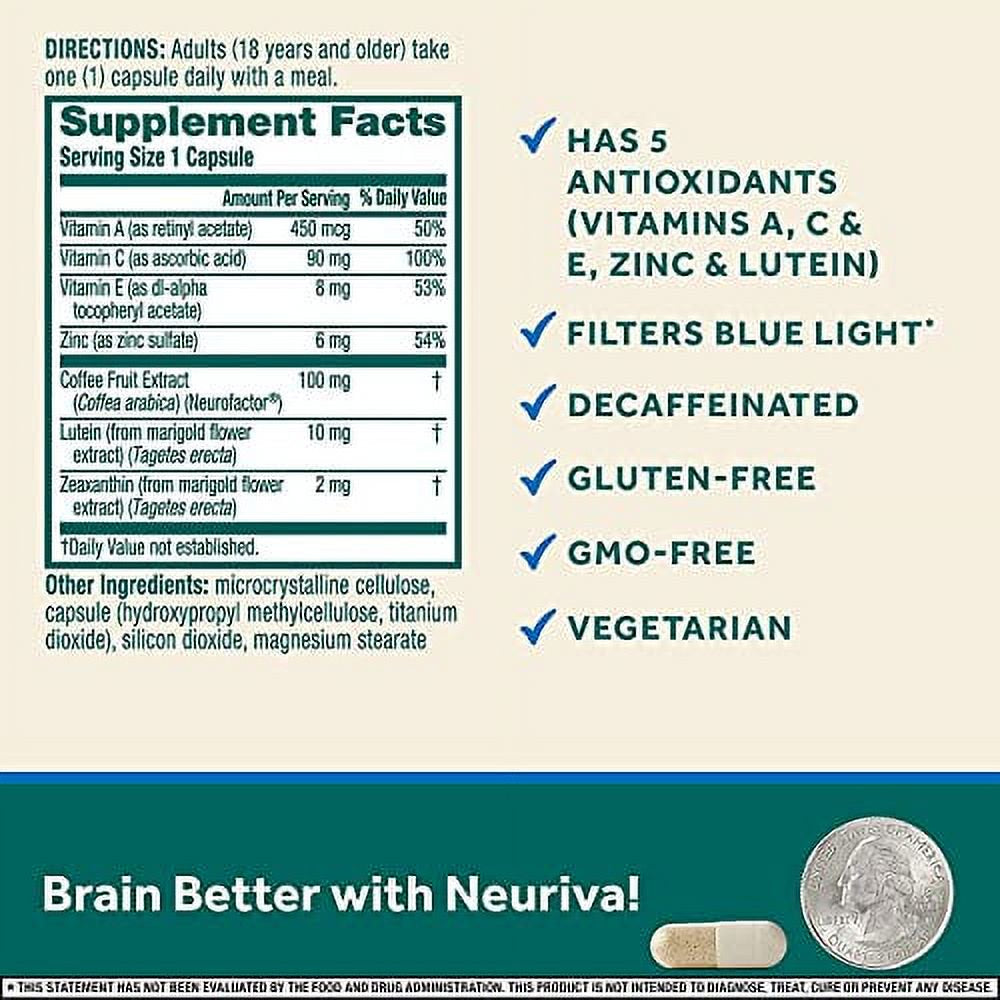 Neuriva Brain + Eye Support Capsules (30 Count), with Vitamins a C E, Zinc, Zeaxanthin, Antioxidants, Filters Blue Light, Decaffeinated, Vegetarian, Gluten & GMO Free, 3 Pack