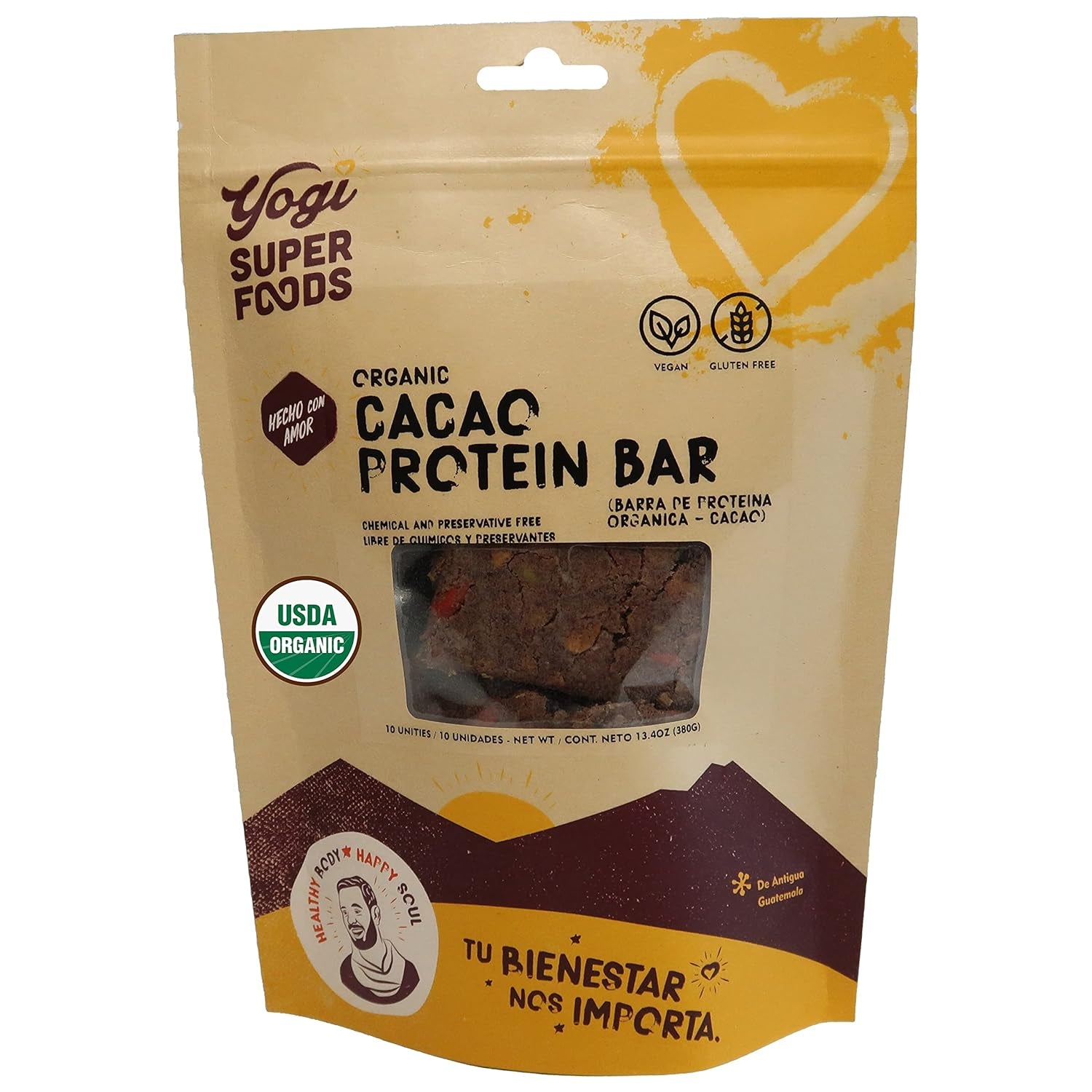 Yogi Super Foods Cacao Protein Bars for Healthy Energy - Organic, Vegan, Gluten Free, Low Glycemic Superfood Snack Food Bars with Plant Protein, Cocoa Powder & Nibs, Agave & Granola - 10 Bars