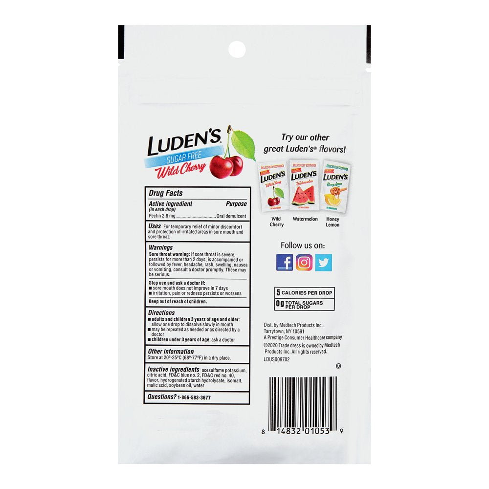 Luden'S Sore Throat Drops, for Minor Sore Throat Relief, Sugar Free Wild Cherry, 75 Count