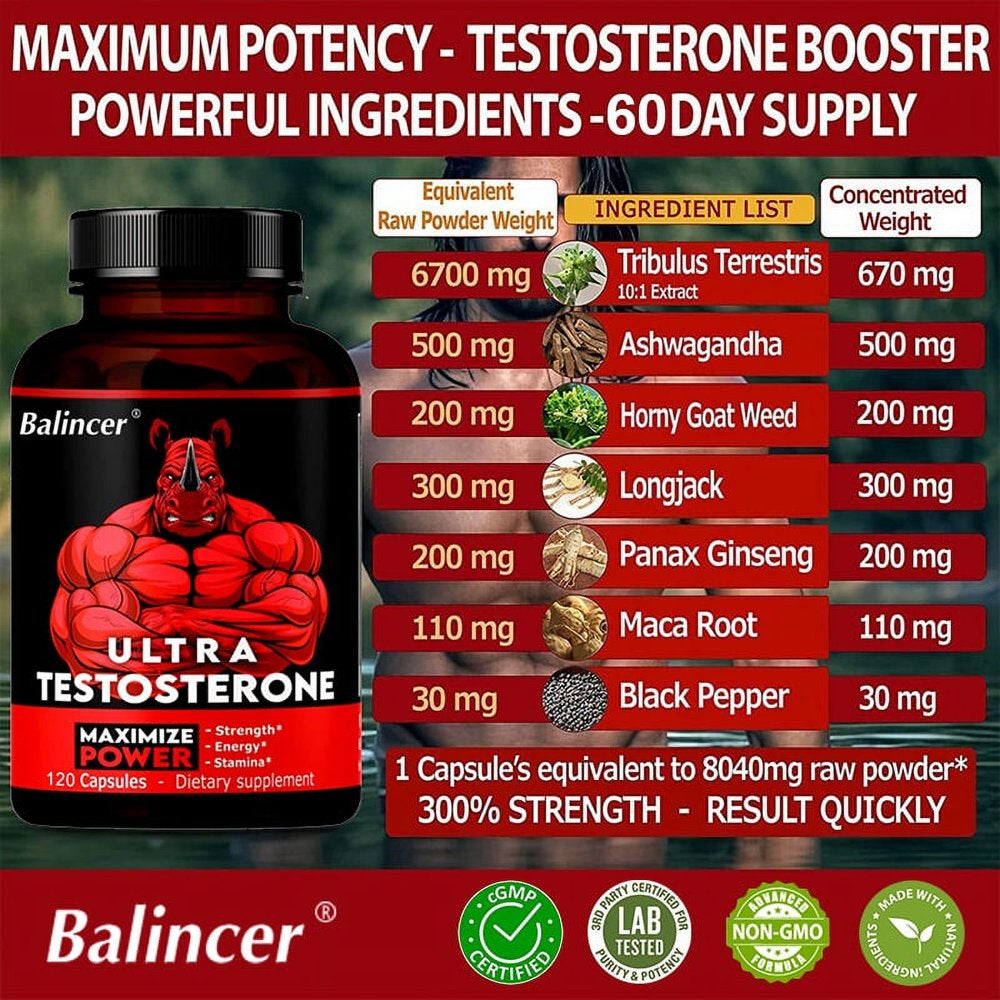 Balincer Men'S Testosterone Booster - Increase Energy, Endurance, Reduce Fatigue, Dietary Supplement Capsules