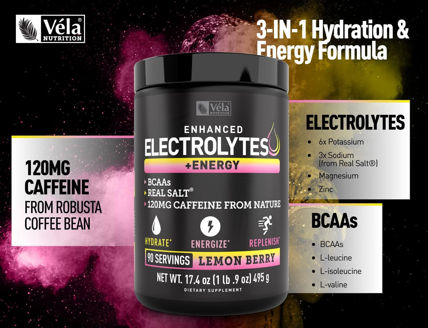 Véla Electrolyte Powder Recovery Drink + Energy (90 Servings | Lemon Berry) W Real Salt +Bcaas Sugar Free Electrolyte Supplement W Potassium Zinc & Magnesium for Hydration - Keto Electrolytes