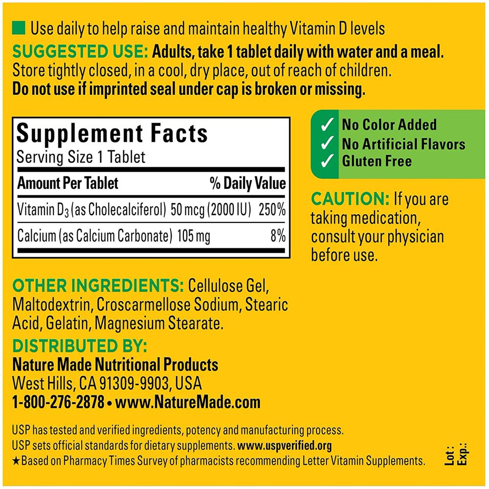 Nature Made Vitamin D3 2000 IU Tablets 100 Ea (Pack of 2)