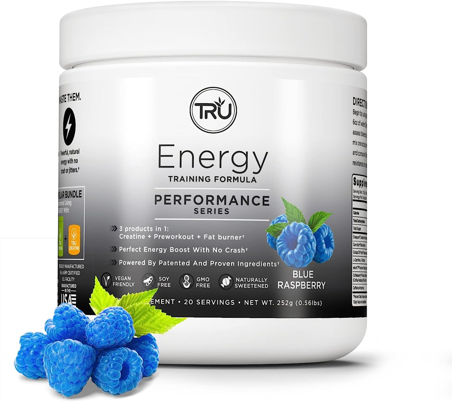 TRU Supplements Energy, Pre Workout Training Formula, Vegan Friendly, No Jitters, Improve Workout Performance, Naturally Extracted Flavors, 20 Servings (Blue Raspberry)