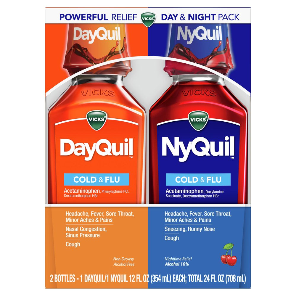 Vicks Dayquil & Nyquil Cold, Cough & Flu Liquid Medicine, Over-The-Counter Medicine, Cherry, 2X12 Oz