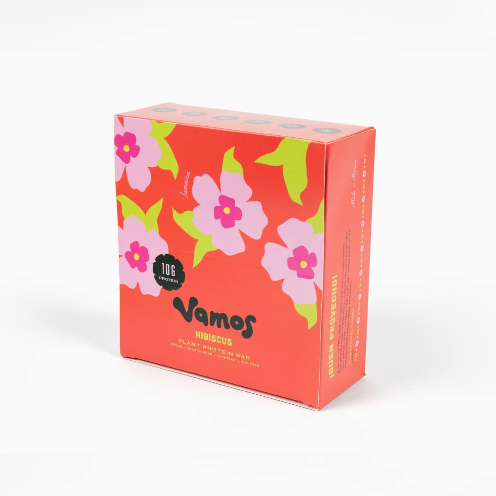 VAMOS FOODS | Vamos Protein Bars (1.73 Oz Bars, 12 Count) | 10G of Plant Based Vegan Protein | Less than 5G of Sugar, Low Calorie, Gluten Free, Grain Free | Hibiscus