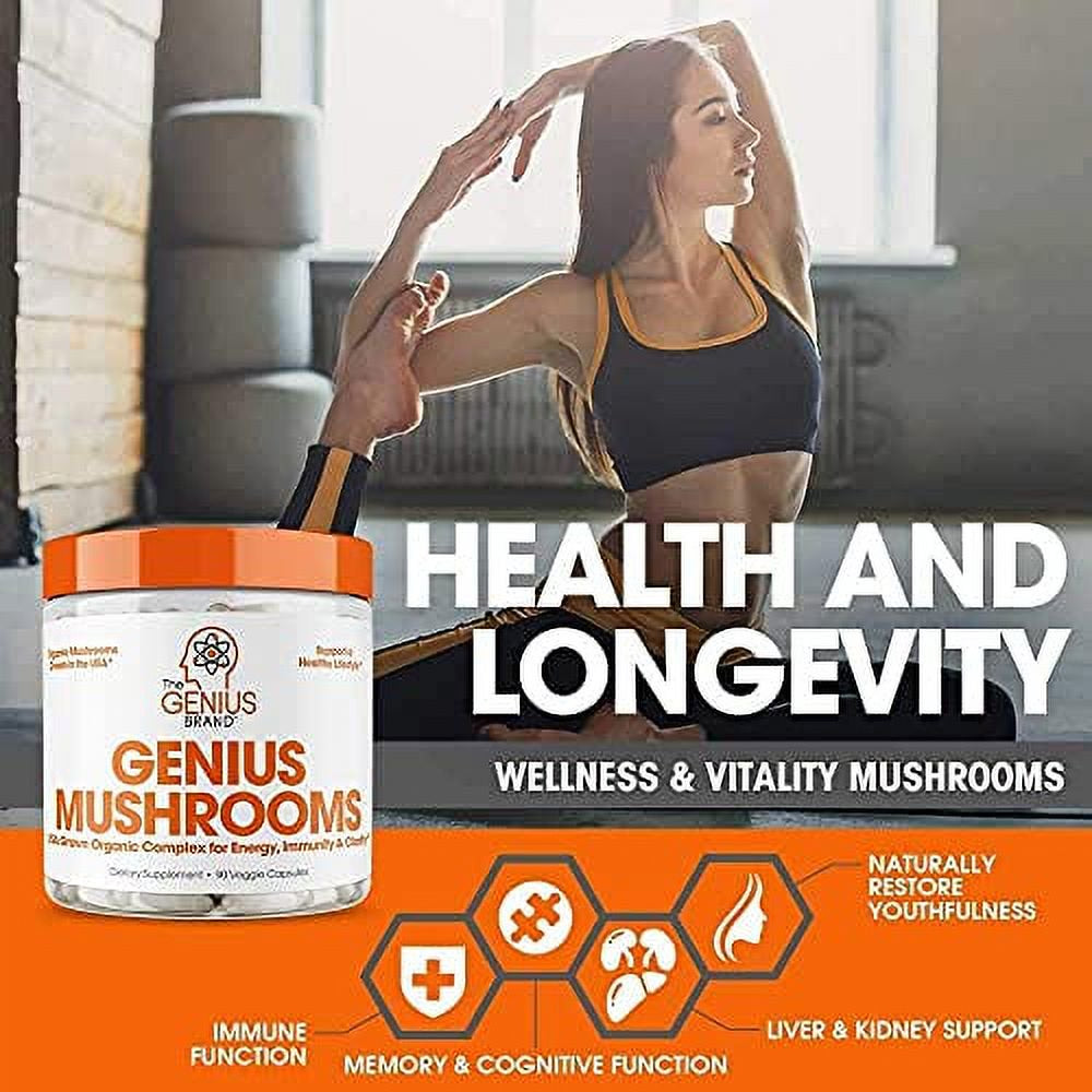 Genius Mushroom - Lions Mane, Cordyceps and Reishi - Immune System Booster & Nootropic Brain Supplement - Wellness Formula for Natural Energy, Stress Relief, Memory & Liver Support, 90 Veggi