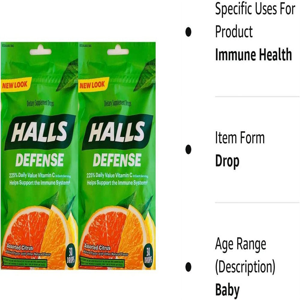 Halls Defense Vitamin C Assorted Citrus Cough Drops, 30-Count (2 Pack) (2 Pack)