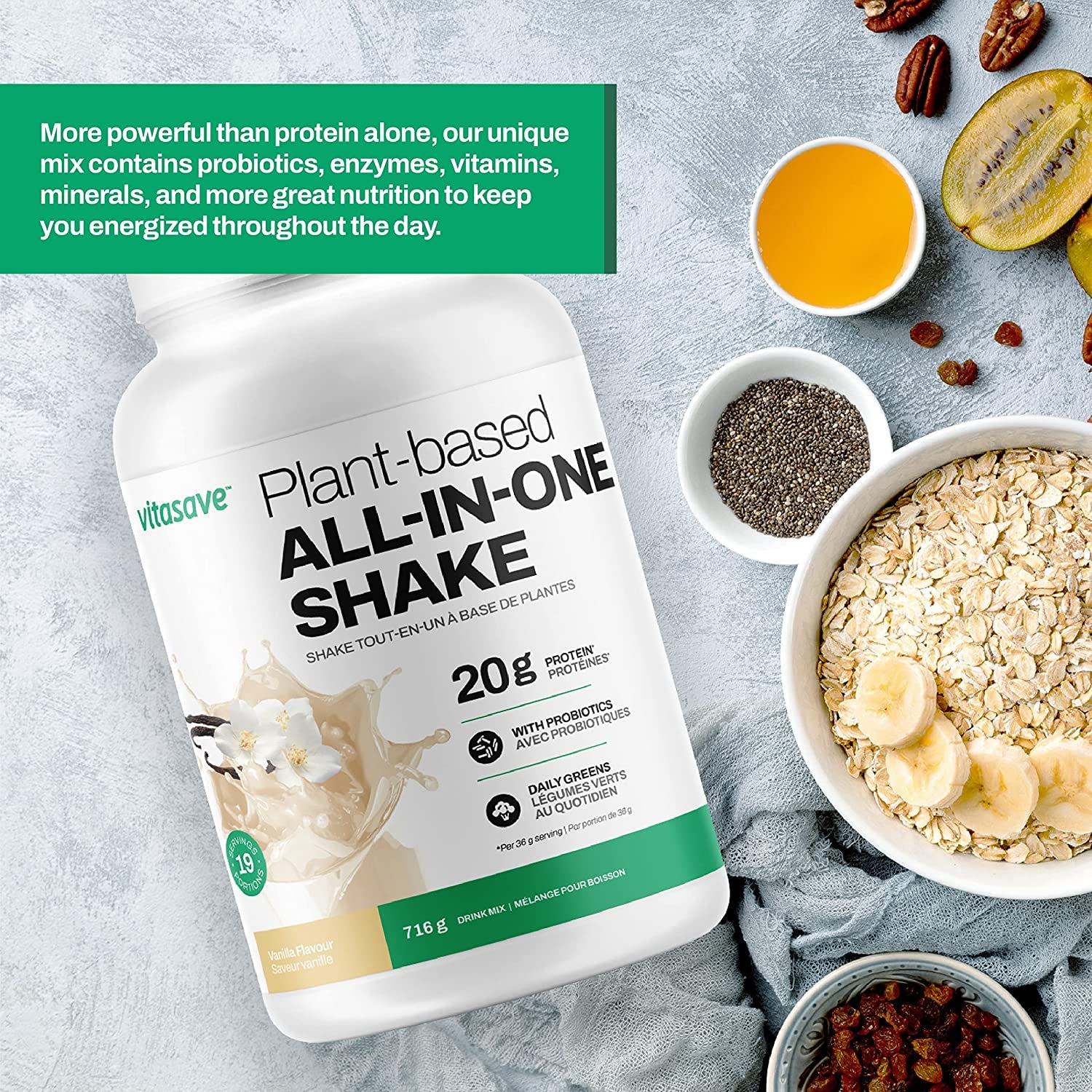 Plant Based All-In-One Powder - High Protein Meal Replacement - with Greens & Probiotics - Gluten Free, Soy Free, Dairy Free - 19 Servings - 799G Tub… (Vanilla)