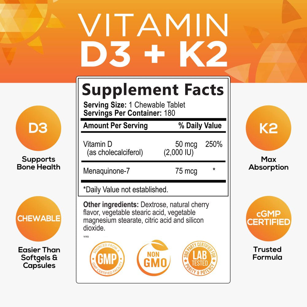 Vitamin D3 K2 as MK-7 with 2000Iu of D3 & 75Mcg K2, Vitamin K2 D3 Bone Strength Supplements Support Calcium Absorbtion for Teeth & Bone Health + Muscle & Immune Health Support - 180 Chewable Tablets