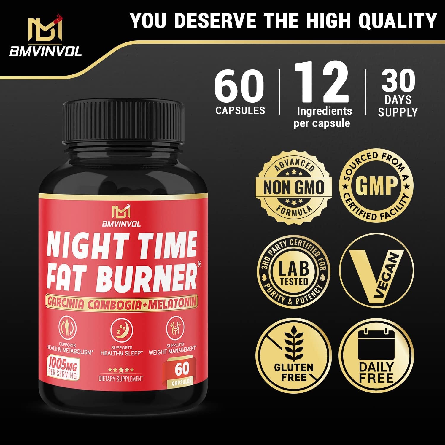 BMVINVOL Night Time Fat Burner, 12-In-1 Powerful Blend of Green Tea, Ceylon Cinnamon, Garcinia Cambogia, Green Coffee Bean, White Kidney Bean, Lemon Balm, Passion Flower