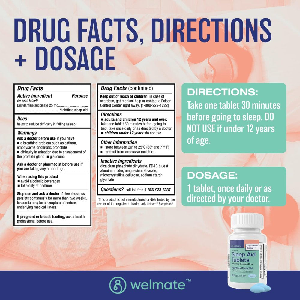 Welmate Sleep Aid - Doxylamine Succinate 25 Mg - Insomnia Support - USA Made - 200 Count Tablets