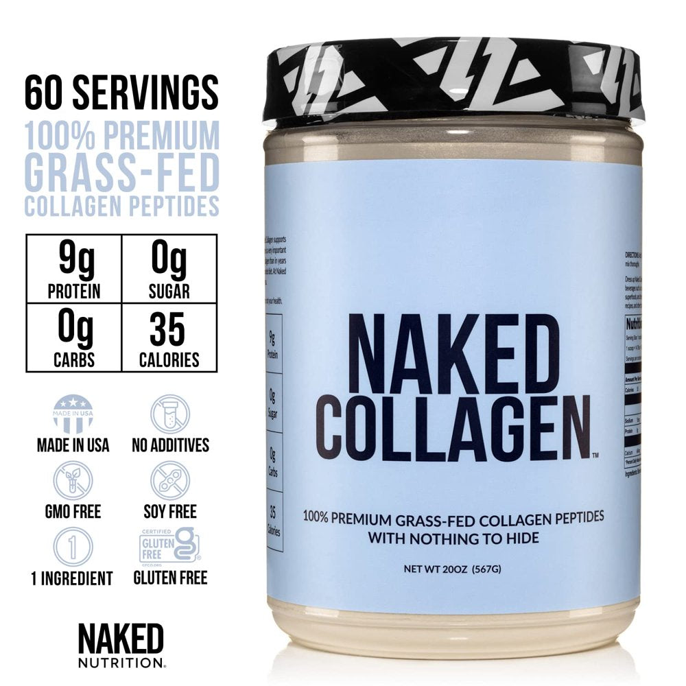 Naked Collagen - Collagen Peptides Protein Powder, 60 Servings Pasture-Raised, Grass-Fed Hydrolyzed Collagen Supplement | Paleo Friendly, Non-Gmo, Keto, Gluten Free | Unflavored 20Oz