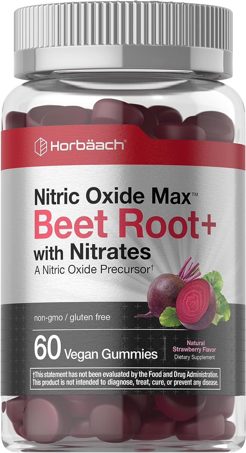 Nitric Oxide Beet Root Gummies | 60 Count | with Nitrates | Natural Strawberry Flavor | Vegan, Non-Gmo, Gluten Free Supplement | by Horbaach