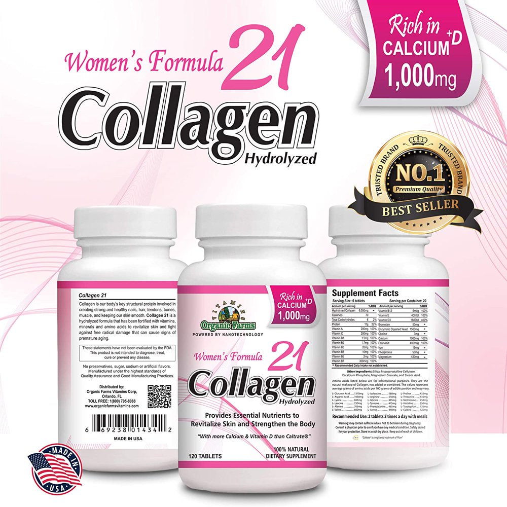 Collagen 21 Hydrolyzed, Collagen for Women - Joints, Strengthens Bones & Skin - Collagen Women´S Formula 100% Natural Highly Concentrated - Collagen Pills Rich in Calcium & Vitamin D, 120 Tablets