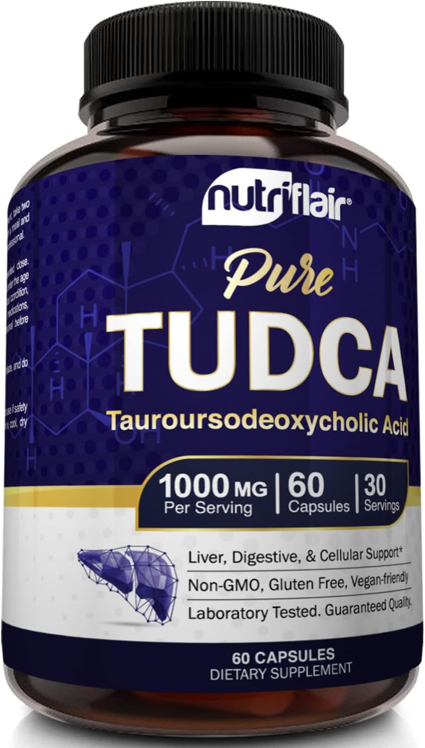 Nutriflair Pure TUDCA 1000Mg - Premium Tauroursodeoxycholic Acid Bile Salts, Detox & Cleanse, Non-Gmo, Gluten-Free. Liver, Kidney & Gallbladder Support- Made in USA, 60 Capsules