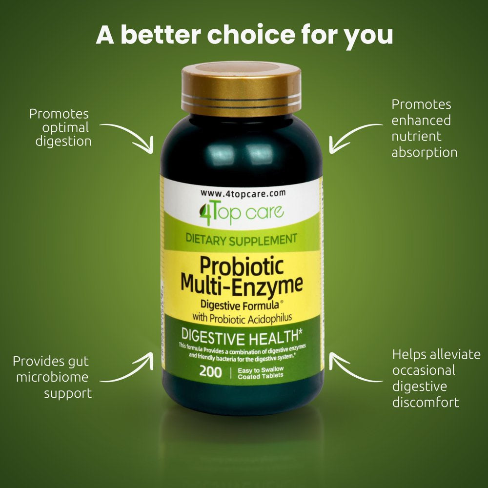 4 Top Care Probiotic Multi-Enzyme Digestive Formula with Probiotic Acidophilus Tablets Dietary Supplement, 200 Count