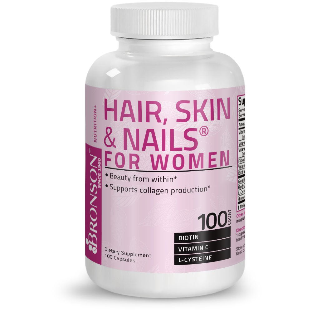 Bronson Hair, Skin & Nails for Women, Biotin, Vitamin A, C, E, B2, B6, 100 Capsules