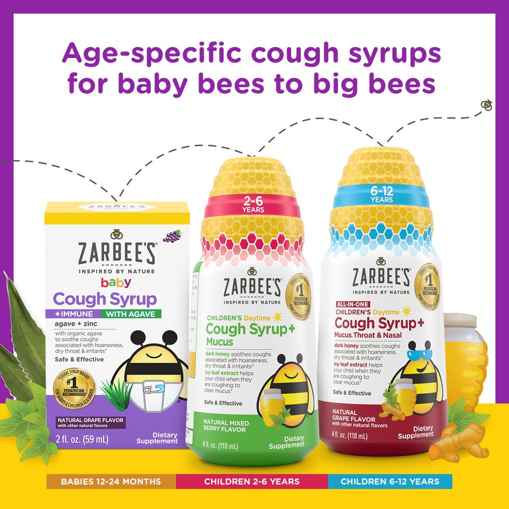 Zarbee’S Kids Cough + Immune Daytime for Ages 2-6 with Honey, Vitamin D & Zinc, Mixed Berry, 8FL Oz