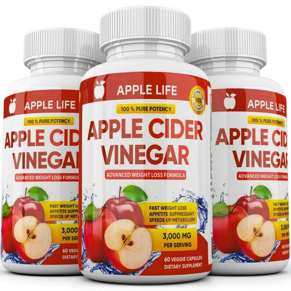 Pure APPLE CIDER VINEGAR ACV 3000Mg PURE WEIGHT LOSS FAT BURNER Diet Pills - 60 Capsules (3 Pack)