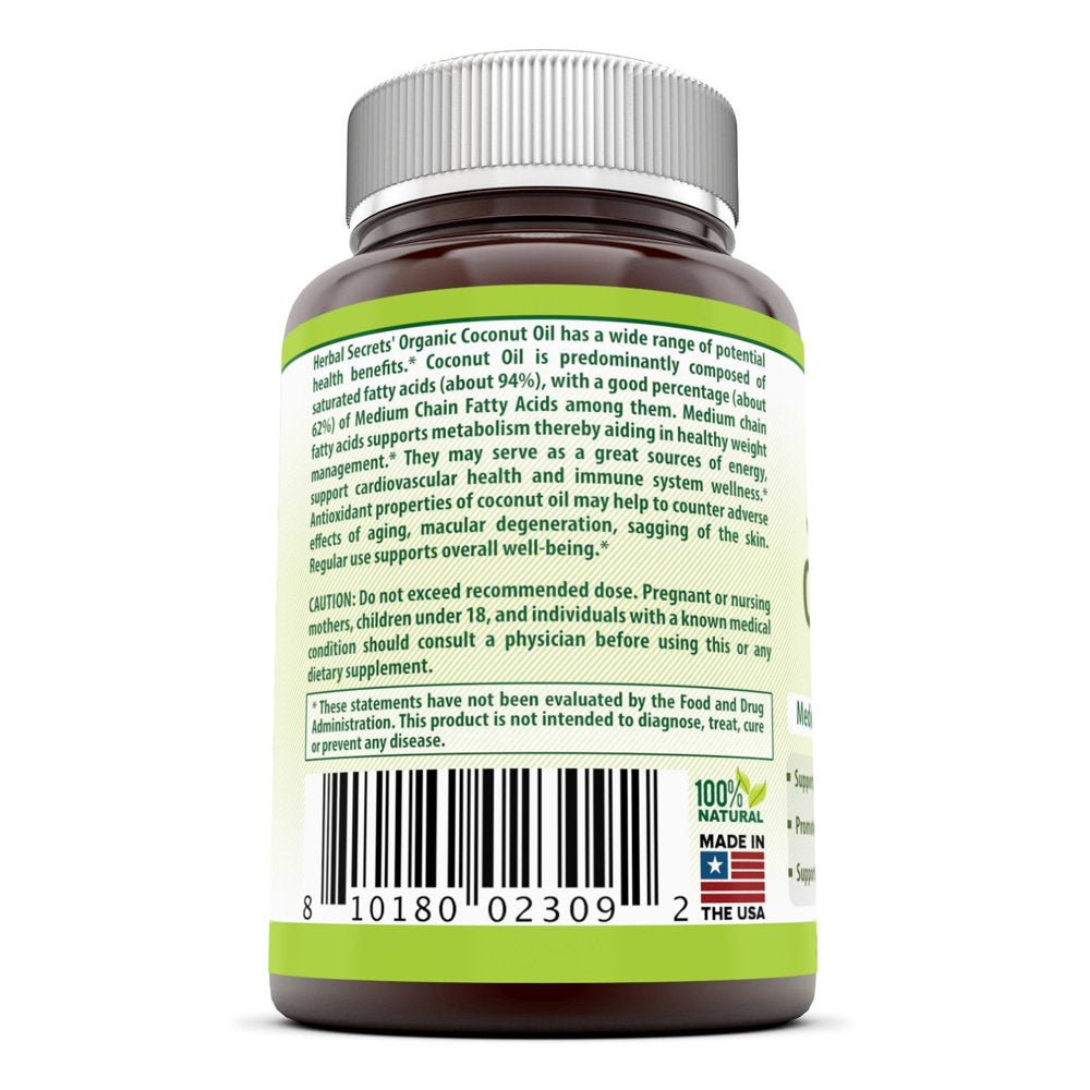 Herbal Secrets Organic & Extra Virgin Coconut Oil Dietary Supplement - 1000Mg - 120 Softgels (Non-Gmo) - Weight Management & Immune System Support - Promotes Heart Health*