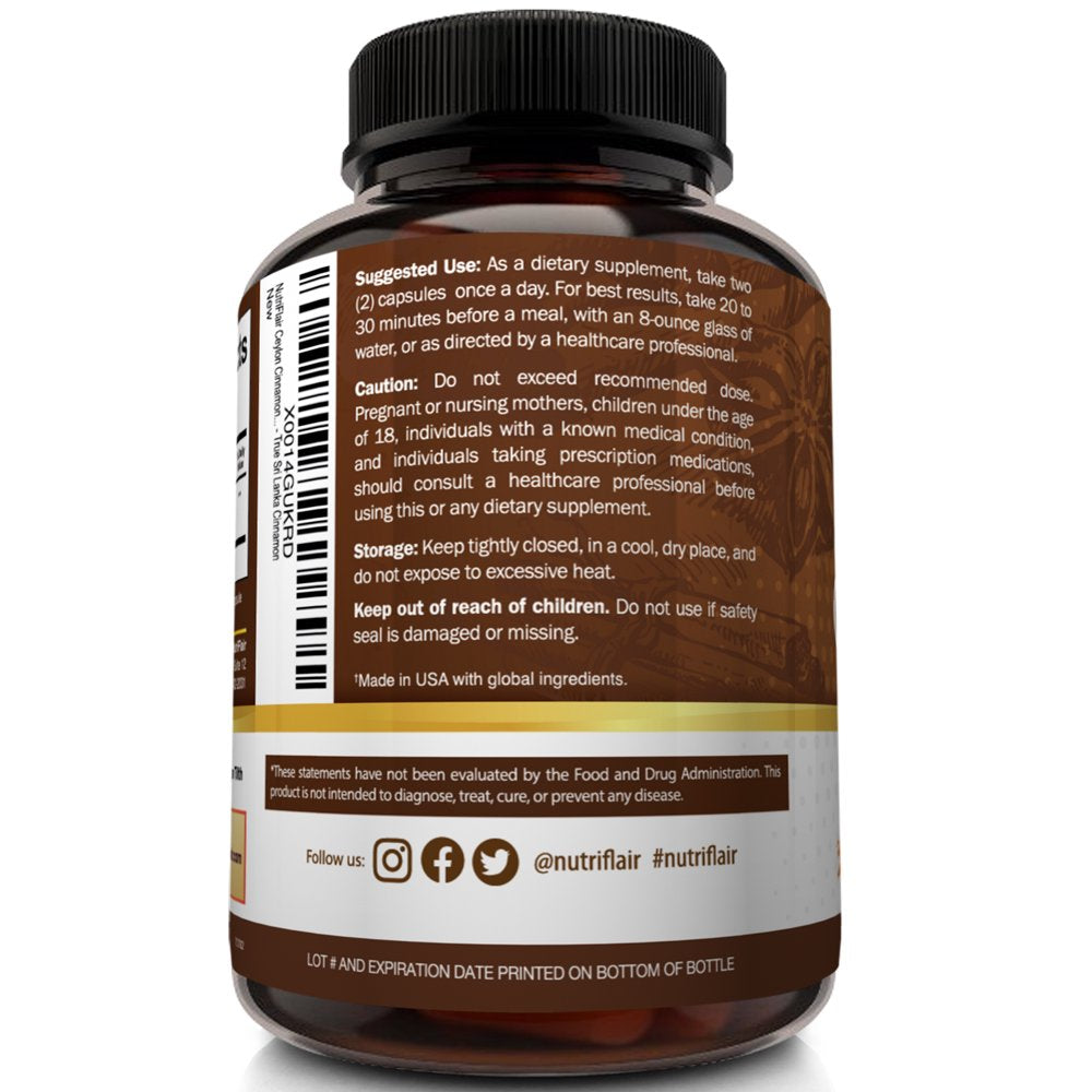 Nutriflair Organic Ceylon Cinnamon (USDA Certified) 1200Mg per Serving, 120 Capsules