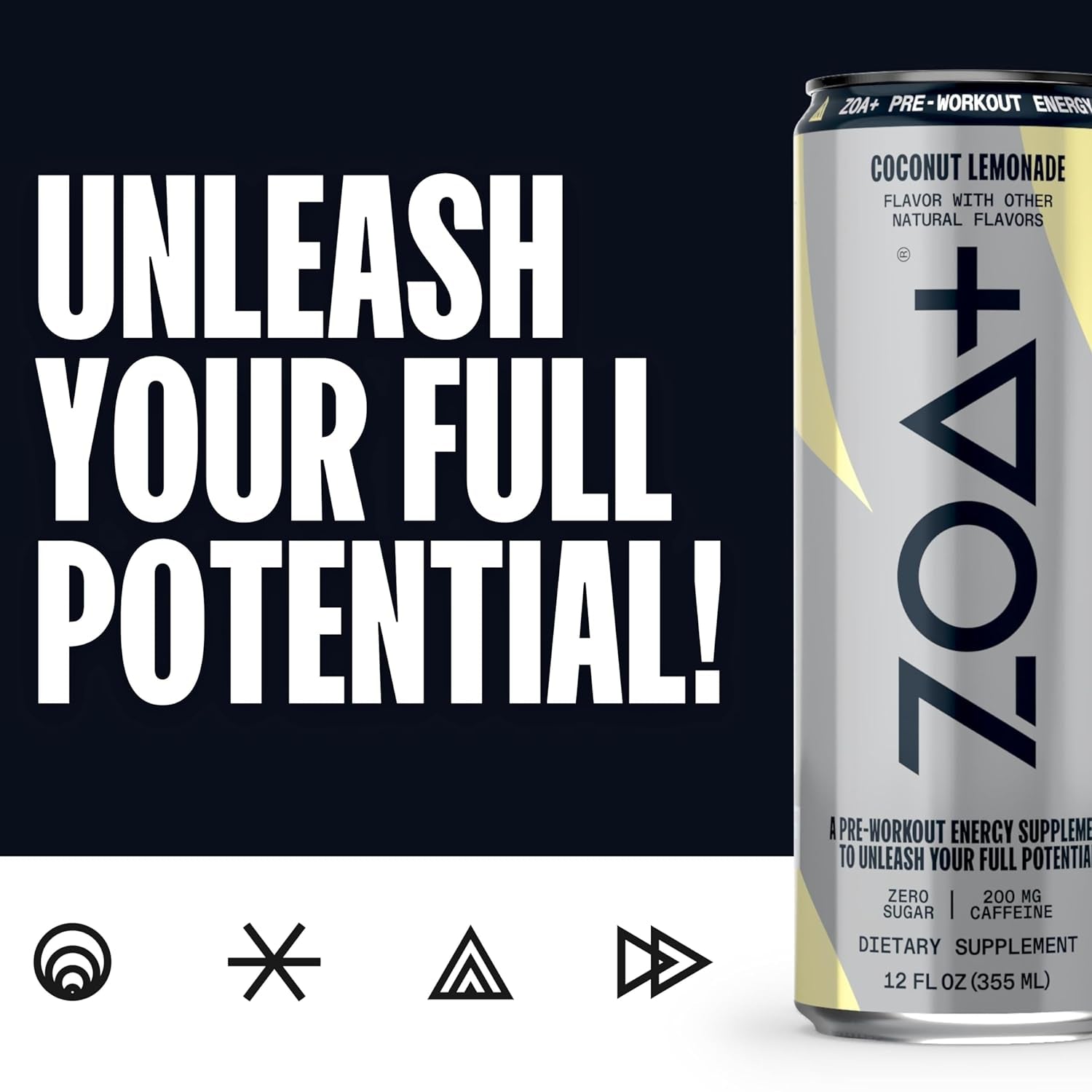 ZOA+ Pre-Workout Sugar-Free Energy Drink, Coconut Lemonade - Zero Sugar, Nitric Oxide Support, Vitamins, Amino Acids, Electrolytes, Natural Caffeine - Gluten Free & Keto Friendly (Pack of 12)