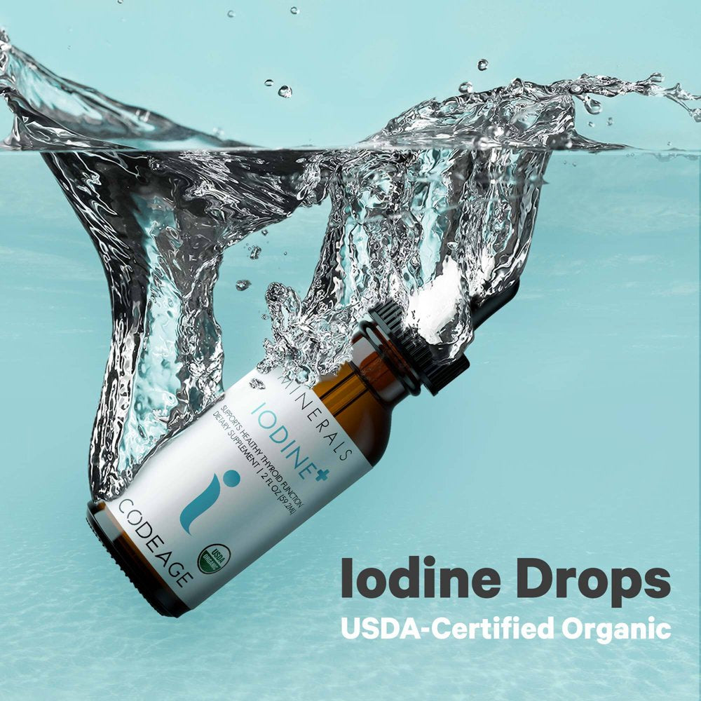 Codeage Iodine + Supplement, USDA Certified Organic, Vegan Liquid Iodine Drops, Mineral Solution, 2 Fl Oz