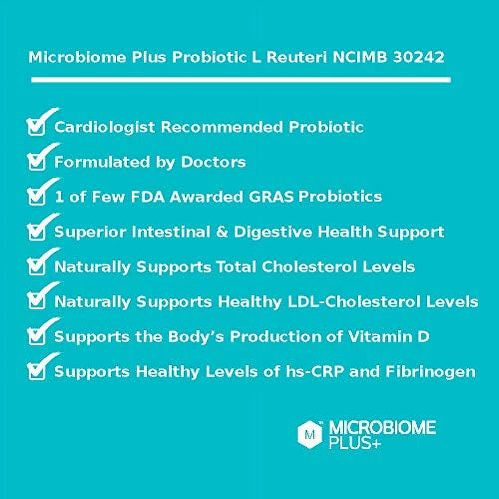 Microbiome plus Gastrointestinal Probiotics L Reuteri NCIMB 30242 and Prebiotics Scfos, GI Digestive & Heart Health Supplements, Allergy Safe, Gluten-Free Probiotic Supplement for Men and Women