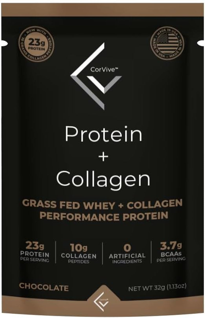 Corvive Protein + Collagen Chocolate Performance Protein | Grass Fed Whey + Collagen | 480 Grams (Pack of 15)