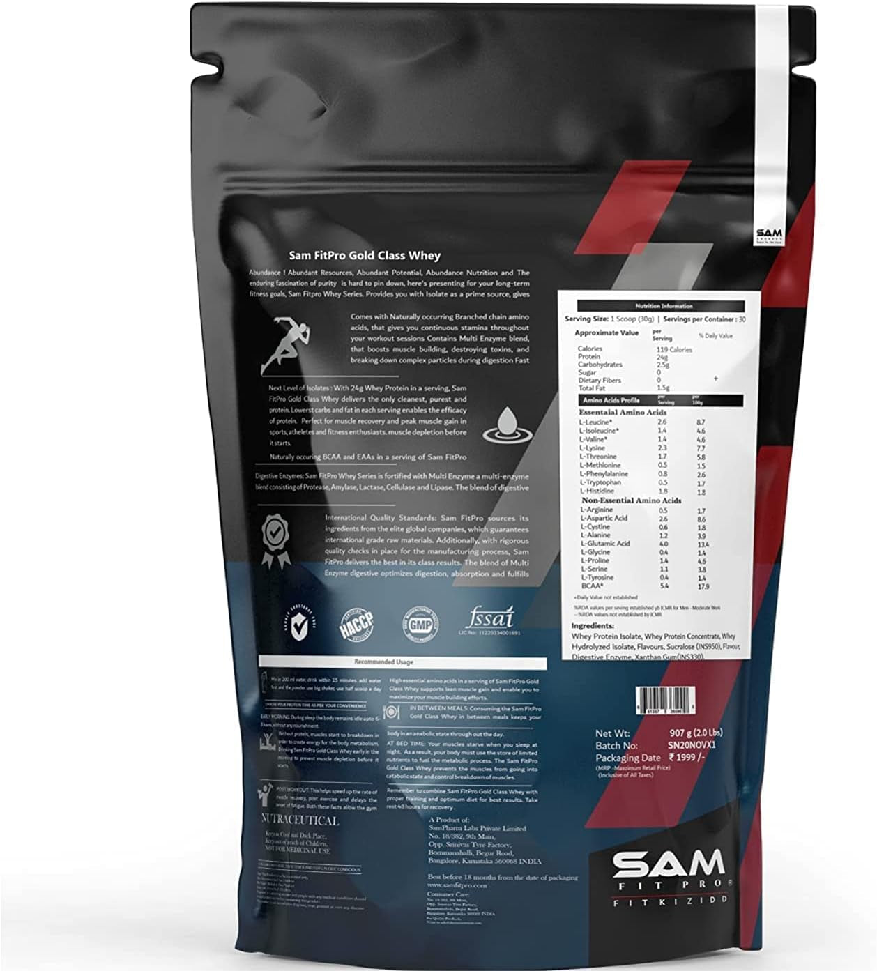 SPEC Samfit Pro Gold Class Whey Protein | Vanilla Mexican | 2 Lbs | 907 Grams | 24 Gram Protein per Scoop | USA Made Whey