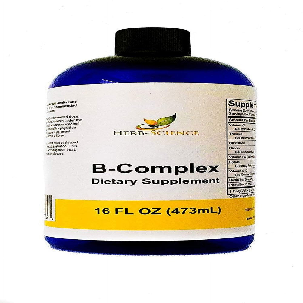 Herb-Science 16Oz Super B Complex Vitamins with Vitamin C Liquid, Alcohol-Free ALL Vitamins B Including B1, B2, B3, B5, B6, B7, B9, B12, Folic Acid, Niacin, Biotin. Vitamin B-Complex
