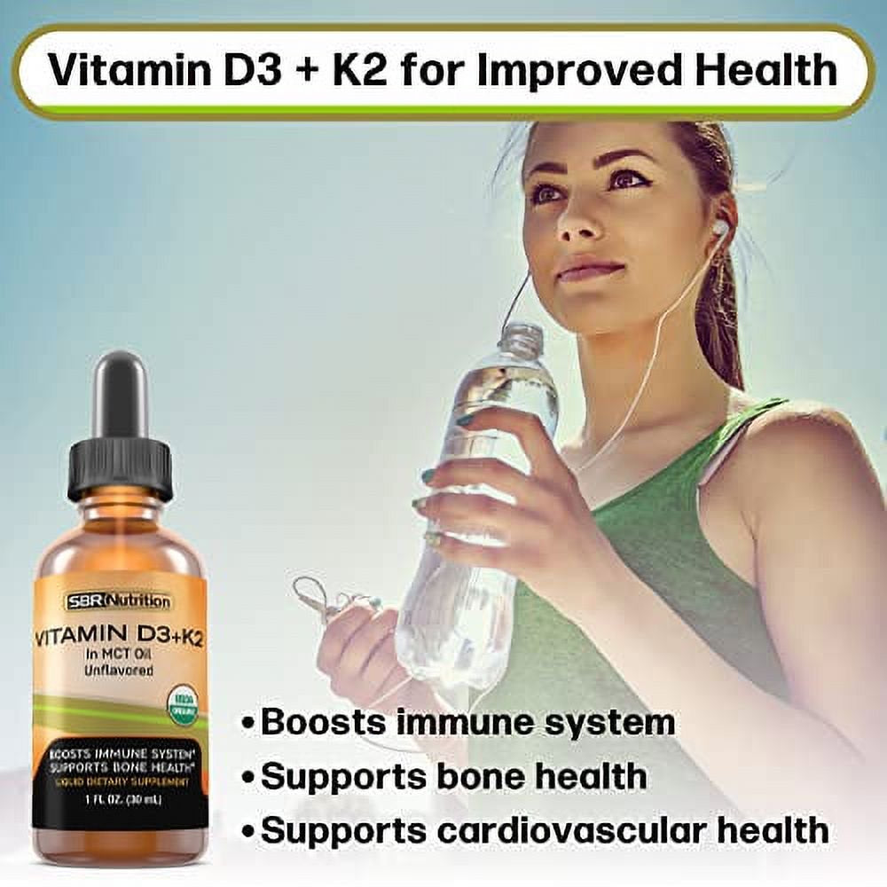 USDA Organic Vitamin D3 + K2 (MK-7) Sublingual Liquid Drops with MCT Oil | Naturally Unflavored | Helps Support Strong Bones and Healthy Heart, Boost Immune System