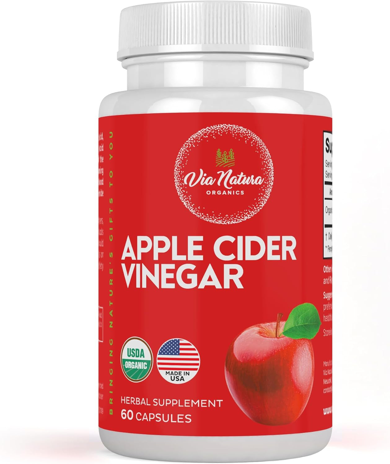 Via Natura Organics Apple Cider Vinegar Capsules 1000Mg | Organic Herbal Supplement | 60 Capsules