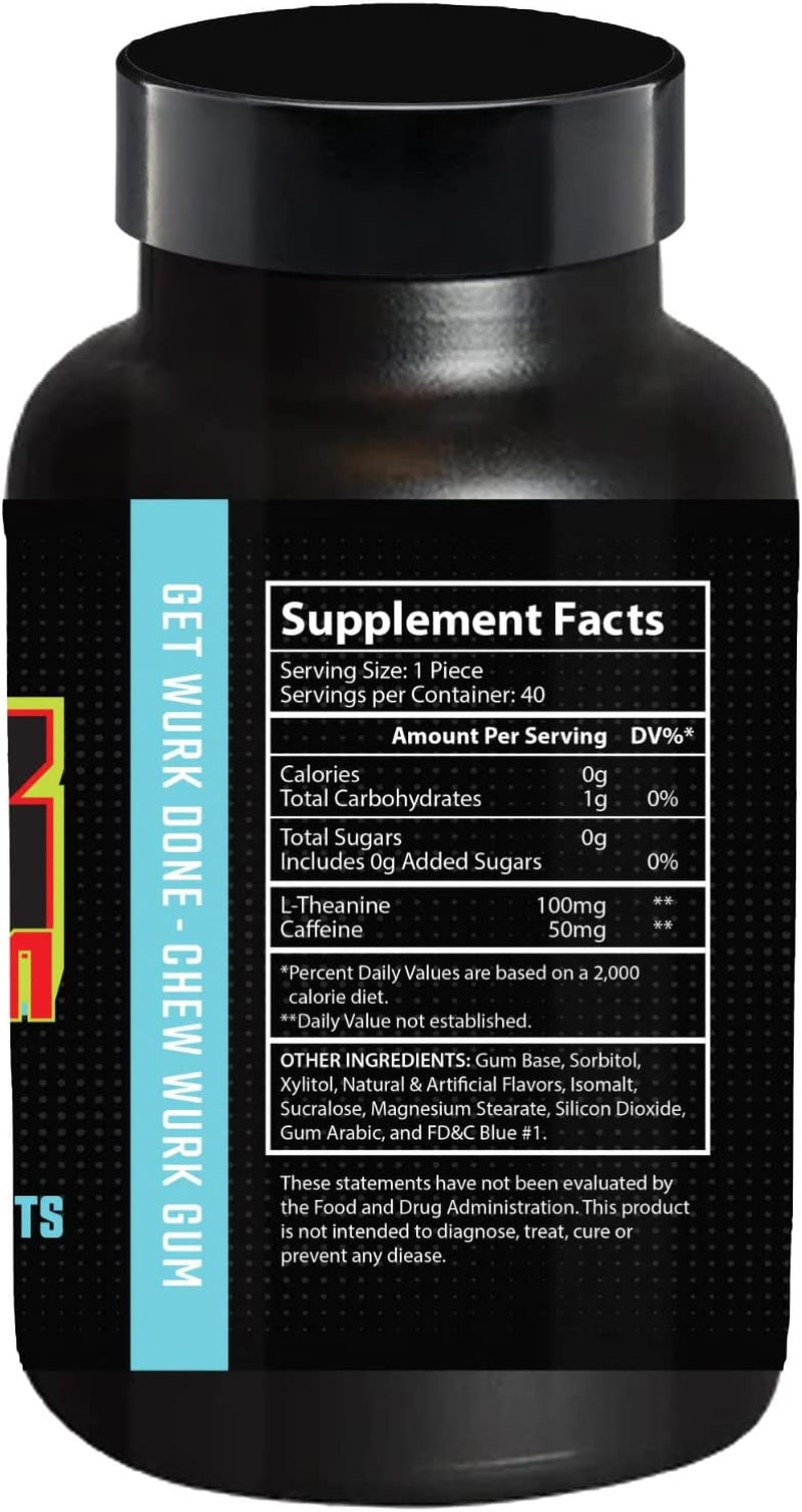 Wurk Gum | Chew Gum with L-Theanine and Caffeine | Smart Smooth Energy & Nootropic Supplement for Brain Booster and Active Performance 40 Gum Tablet