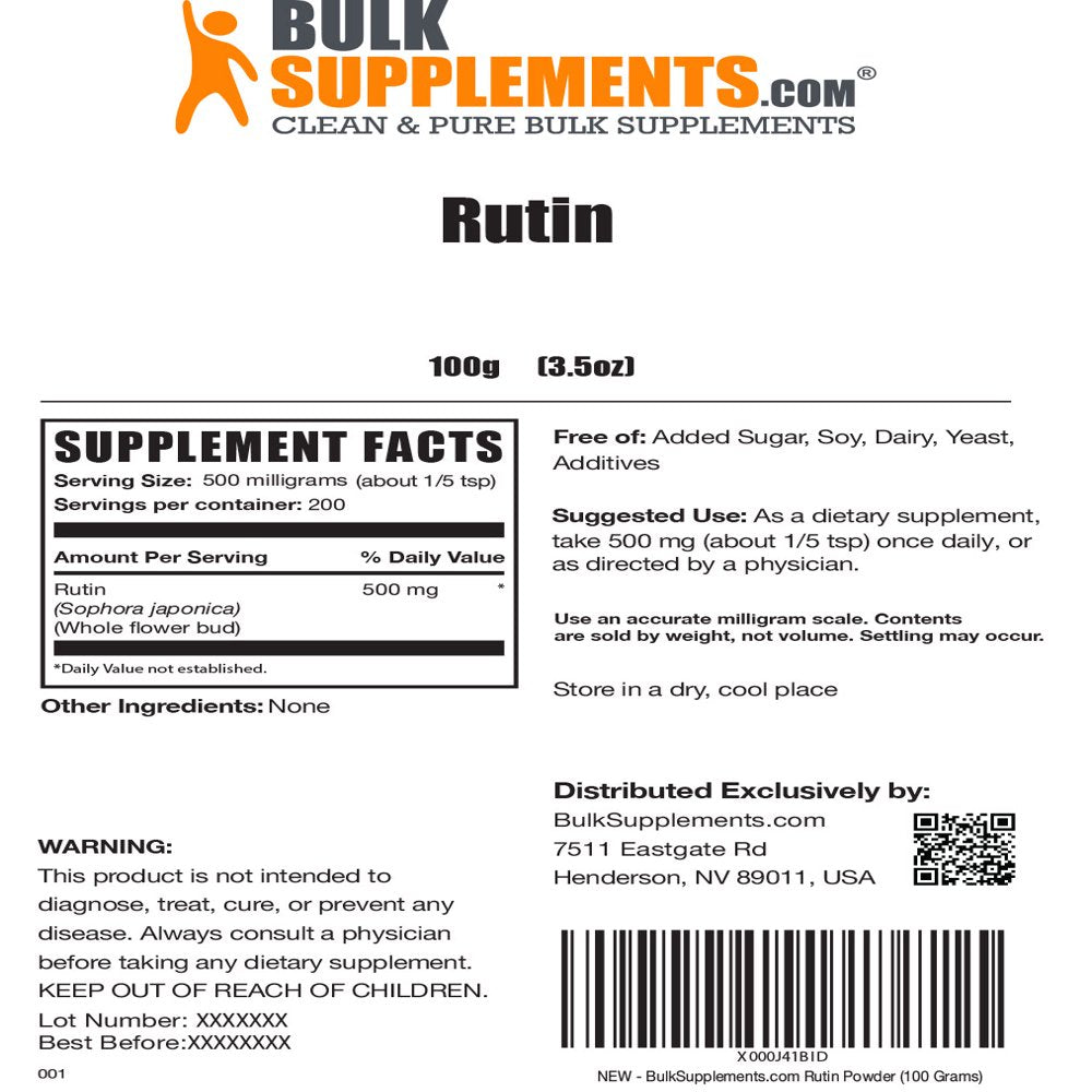 Bulksupplements.Com Rutin Powder - Vein Support Supplements - Brain Supplement - Luteolin Supplement - Apigenin Supplement (100 Grams - 3.5 Oz)