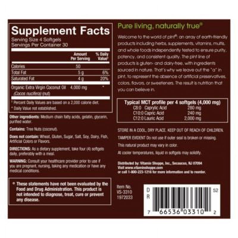 Plnt Organic Extra Virgin Coconut Oil 1,000Mg per Softgel Supports Energy Production Metabolism Superfood, Perfect for Keto Diet (120 Softgels)