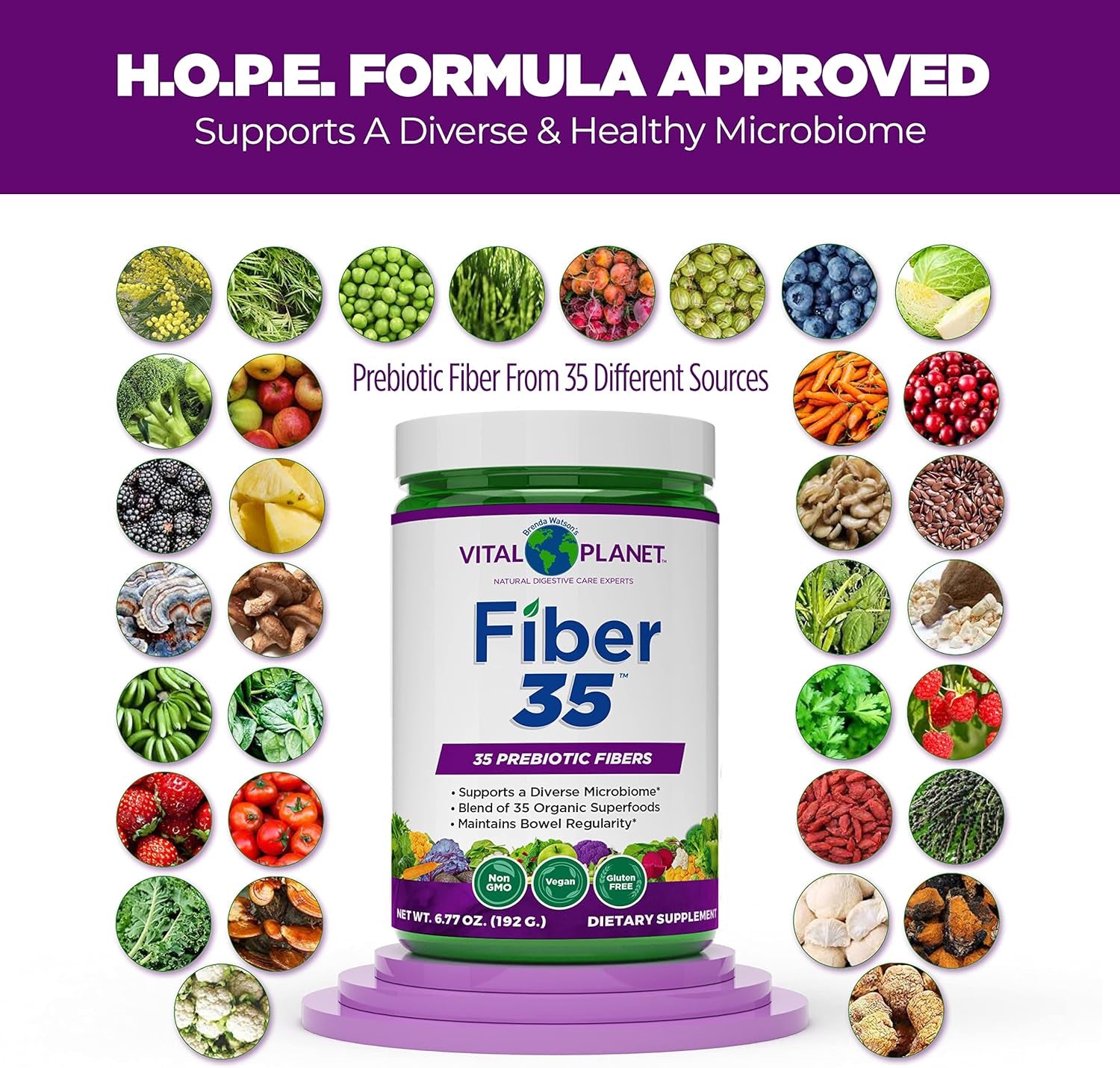 Vital Planet - Fiber 35 Powder Diverse Fiber Supplement for Dietary Support and Occasional Constipation with 35 Prebiotic Fibers and 35 Organic Superfoods to Maintain Bowel Regularity, 6.77 Oz