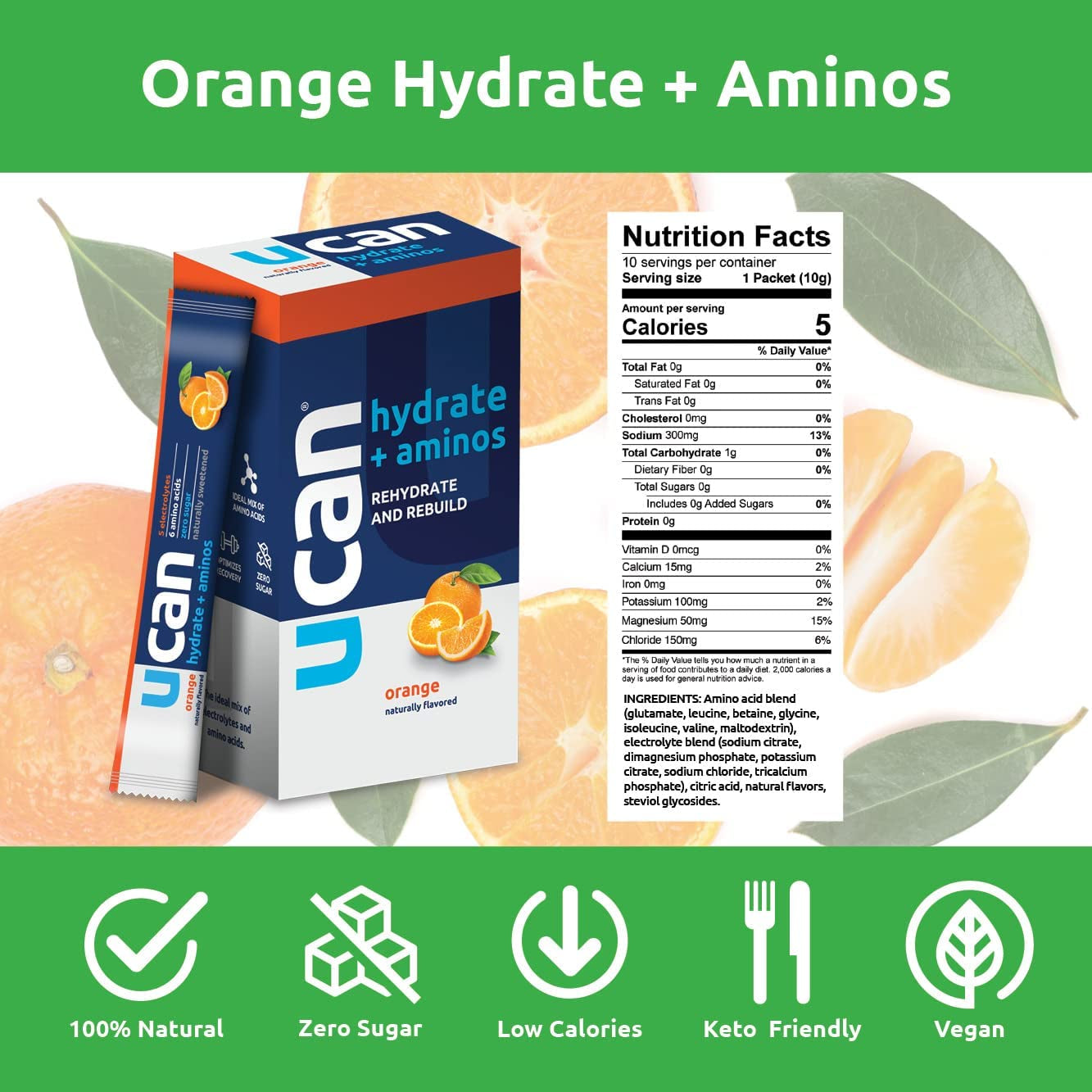 UCAN Hydrate + Aminos Packets, Orange, 10 Count, Keto, Sugar-Free Electrolyte + Muscle Recovery, Essential Electrolytes + Eaas & Bcaas, Non-Gmo, Vegan, for Runners, Gym-Goers, Performance Athletes