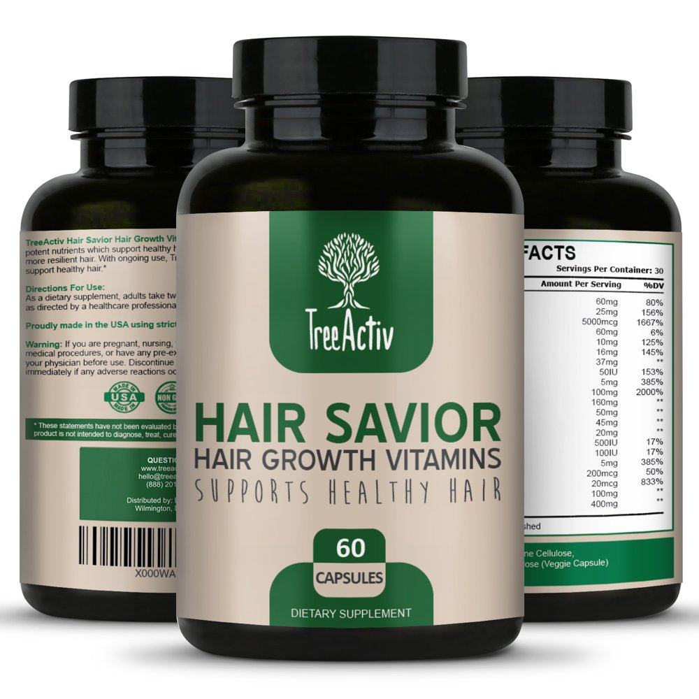 Treeactiv Hair Savior, Biotin + Saw Palmetto Hair Growth Vitamins, Volumizer & Thickening Supplement, Folate, MSM, B Complex Hair Growth Pills, 60 Capsules, 30-Day Supply