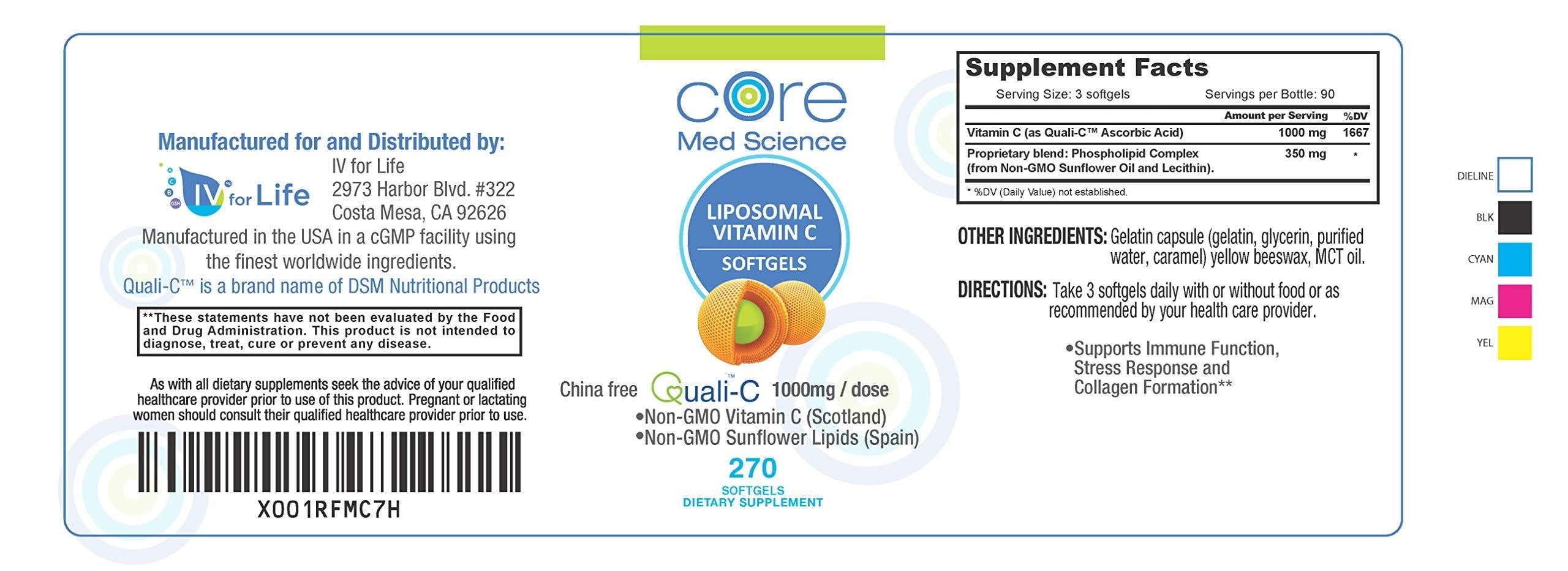 Core Med Liposomal Vitamin C Softgels 1000Mg/Dose - 3 Month Supply - 270 Softgels - Quali®-C Vitamin C (Scotland) - USA Made - Immunity Support, Collagen Booster Supplement - Non-Gmo Non-Soy