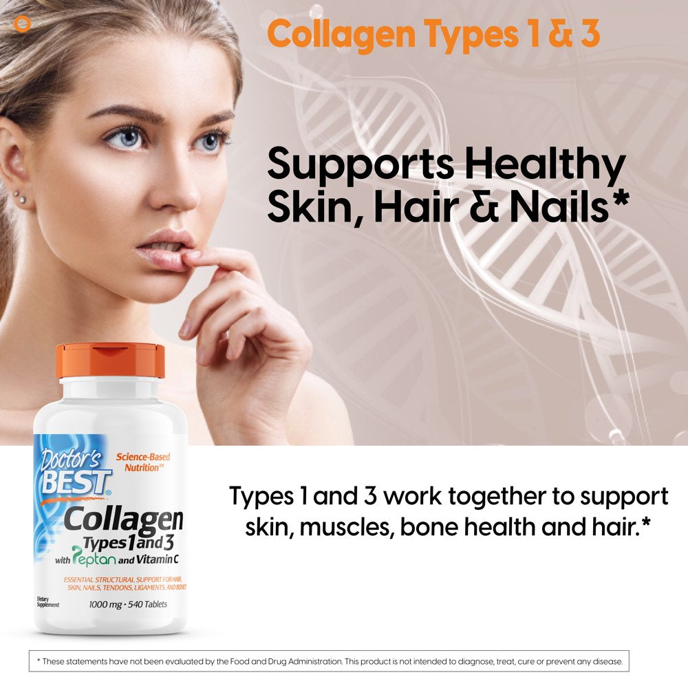 Doctor'S Best Collagen Types 1 and 3 with Peptan, Non-Gmo, Gluten Free, Soy Free, Supports Hair, Skin, Nails, Tendons and Bones, 1000 Mg, 540 Tablets