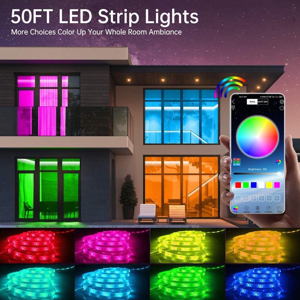 50FT/15M Strip Lights, 5050 SMD Music Sync LED Lights Strip, Smart RGB 16 Million Color Changing LED Lights with 44-Key Remote, Bluetooth APP Control & Mic for Bedroom Room Party TV DIY