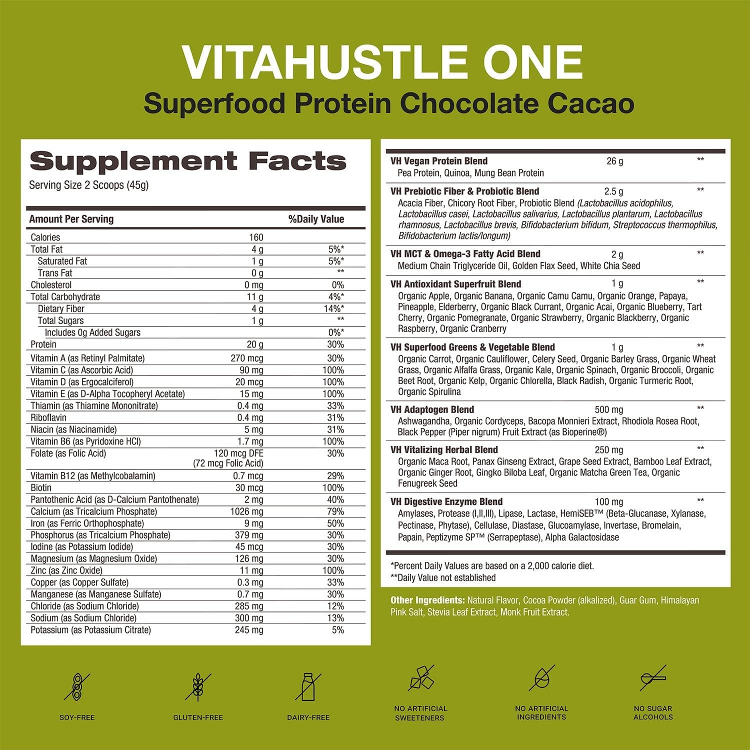 Vitahustle 2 Bags ONE Superfood Protein + Greens Chocolate| 20G Plant Based Protein + Greens with Probiotics, Adaptogens - 2 Pack (Chocolate 15 Servings, 2 Bags)