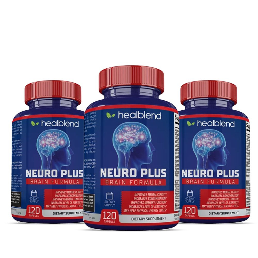 Healblend Neuro plus Brain Booster Supplements - Brain & Focus Formula, Supports Memory, Concentration & Mental Clarity for Adults – 3-Pack